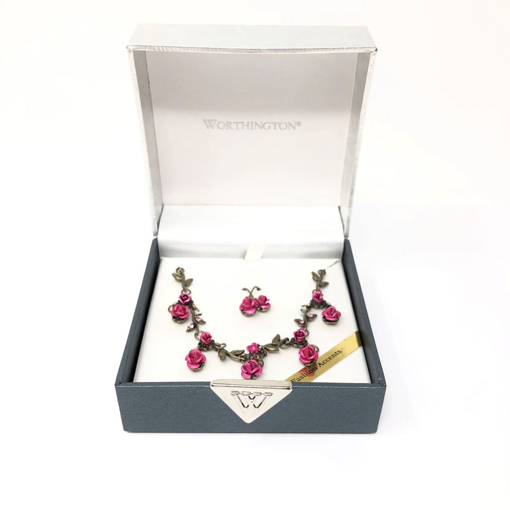 Worthington Necklace Earrings Boxed Pink Roses NEW